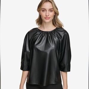 NWT Calvin Klein Faux Leather Black Blouse